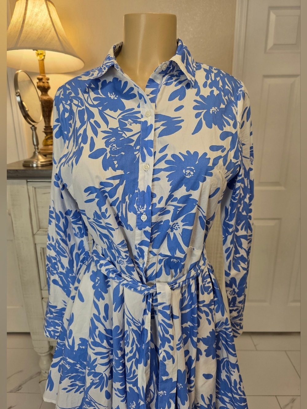 a new day Blue and White Floral Shirt Dress with Tie Waist - Picture 3 of 11